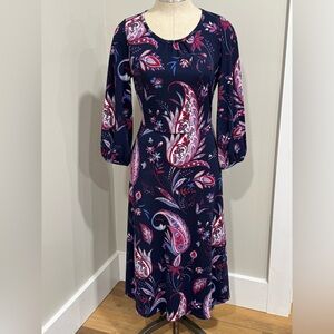 Talbots Long Sleeve Paisley Dress - Navy and Pink Size 2P Small